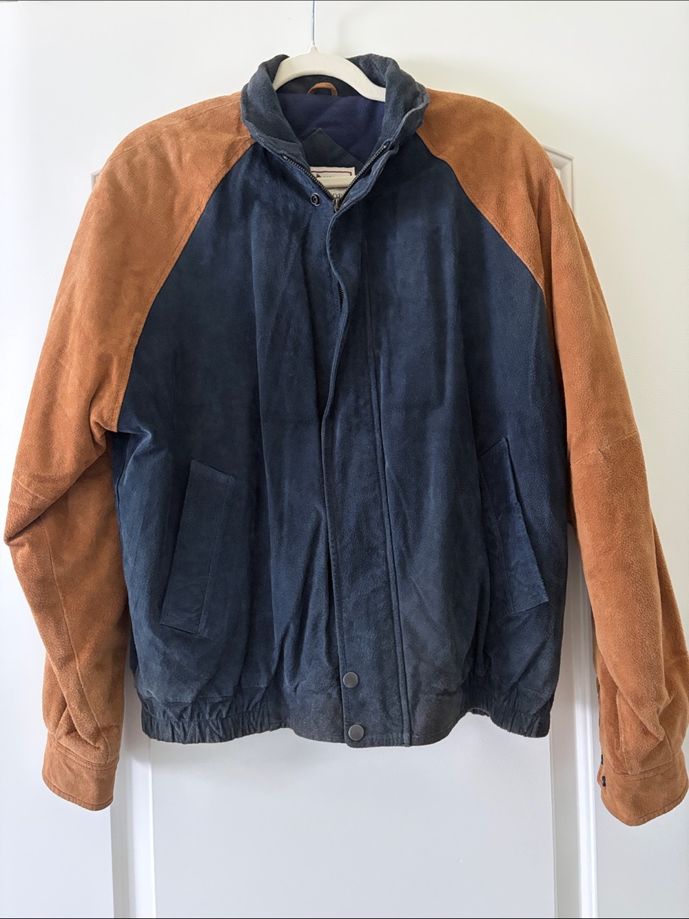 John Ashford Vintage Suede Leather Medium Weight Navy and Brown Jacket, M